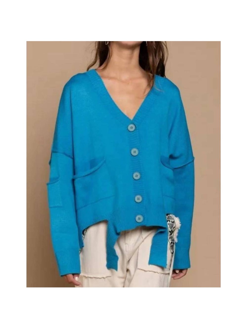 POL Sapphire Blue Button-Front Distressed V-Neck Cardigan